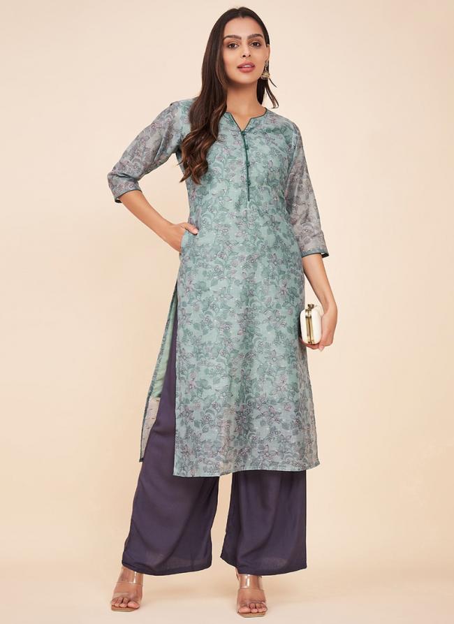 Chanderi Sky Blue Traditional Wear Printed Readymade Kurti